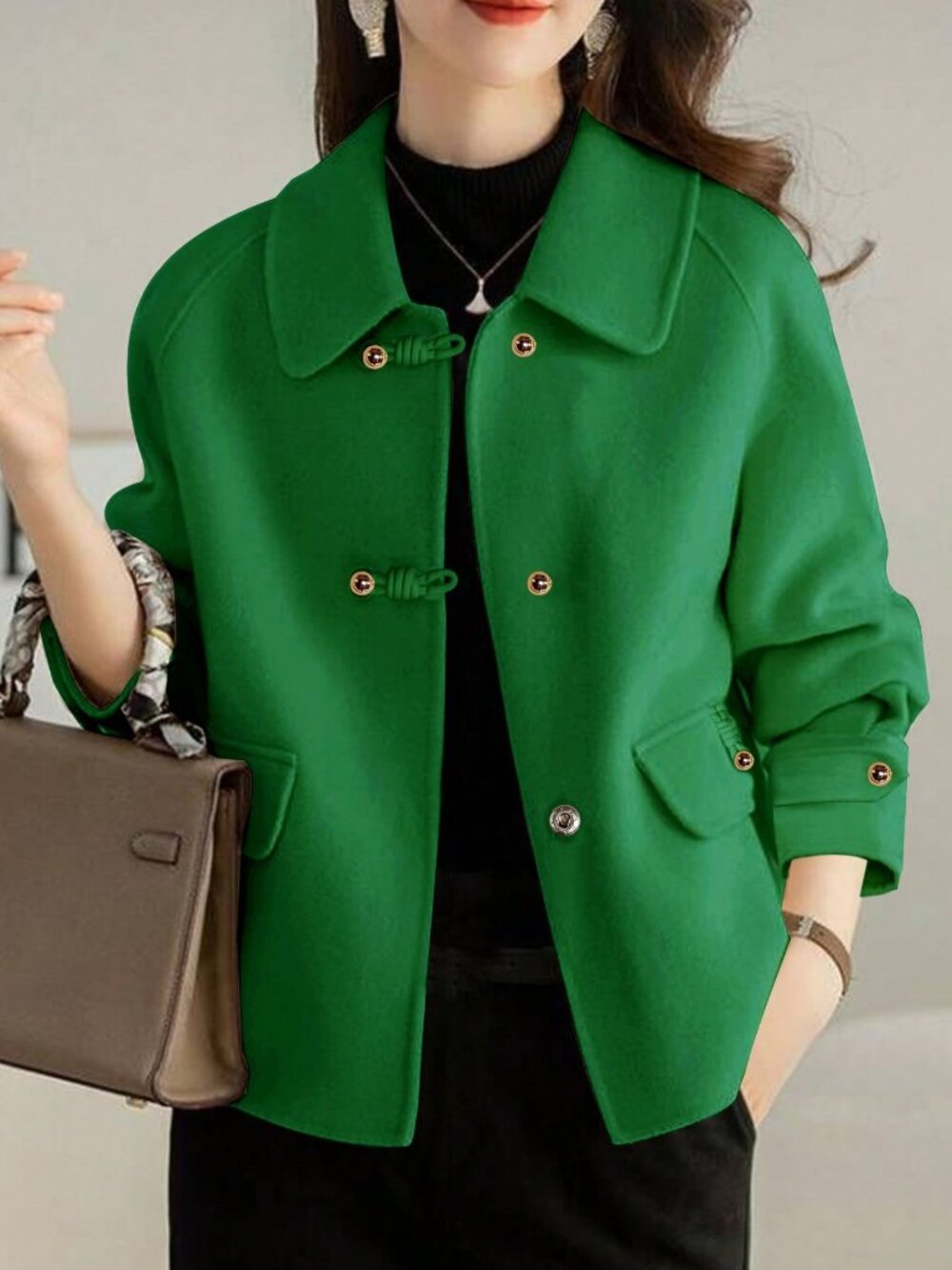 Green Casual Women's French Thick Tweed Jacket